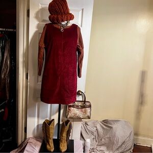 Wms Red Rust Cotton Corduroy Apron Patch Pocket Jumper Dress‎ M